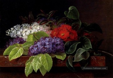  het Peintre - Lilas blanches et violettes camélia et feuilles de hêtre sur une corniche en marbre